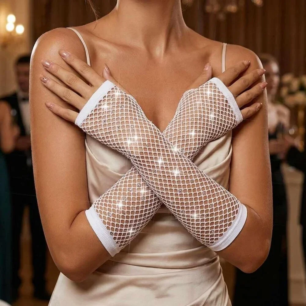 Women's Fingerless Rhinestone Sparkly White Rave Mesh Gloves Fishnet Party Prom